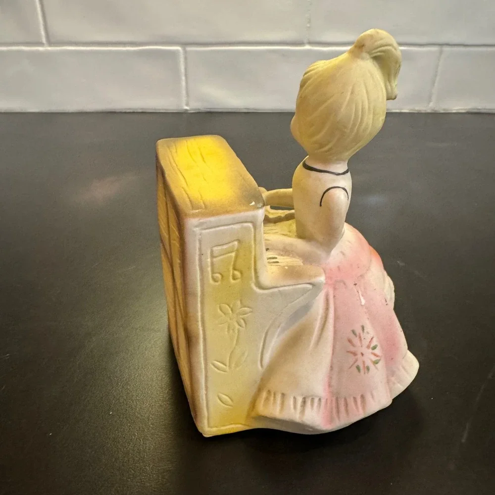 Vintage Girl at Piano Figurine Home Decor 6in Pink Yellow Hand Painted Kitsch